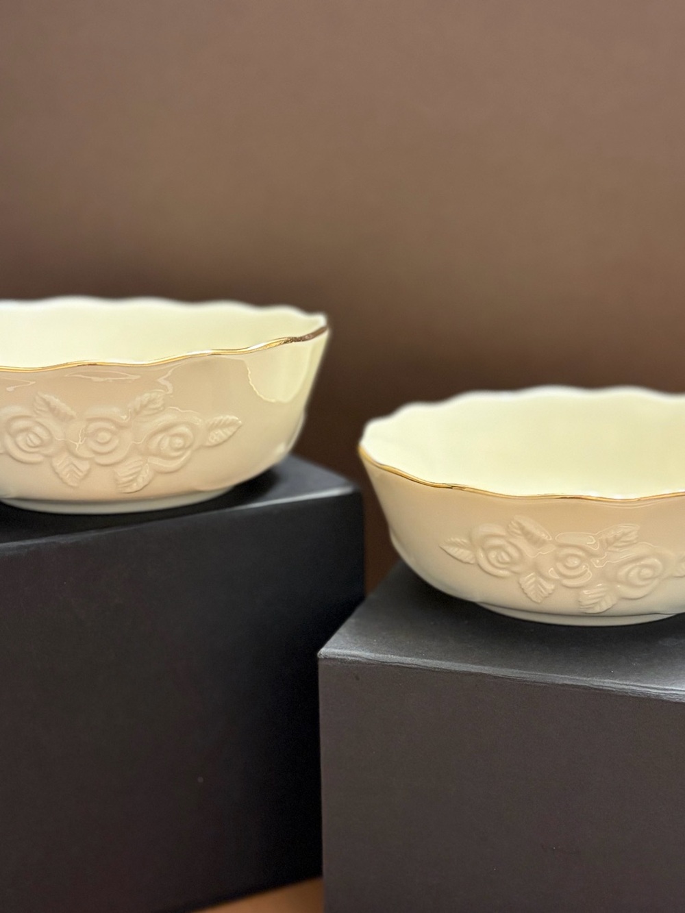 Set of 2 Vintage Lenox Rose Blossom 5.5" Bowls Ivory Porcelain Gold Trim VGC
